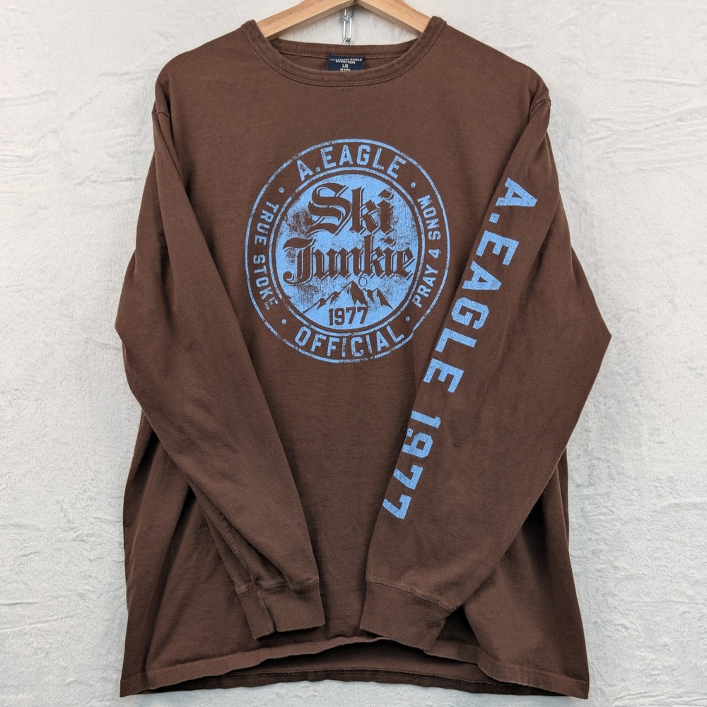 VTG American Eagle T-Shirt Men's Large Brown Ski Junkie Winter Long Sleeve Y2K